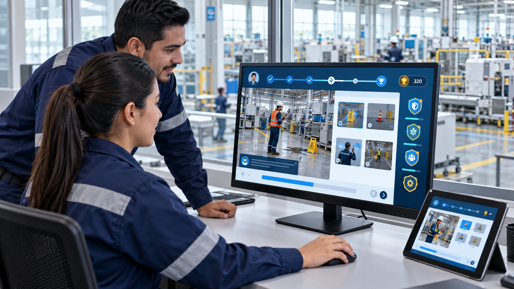 Colaboradores realizando retos digitales con puntos, insignias y seguimiento de avance en una plataforma.