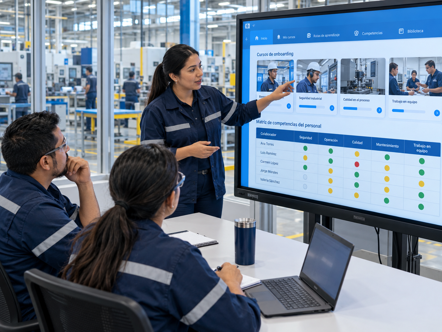 Instructora explicando capacitación digital y una matriz de competencias a personal industrial.