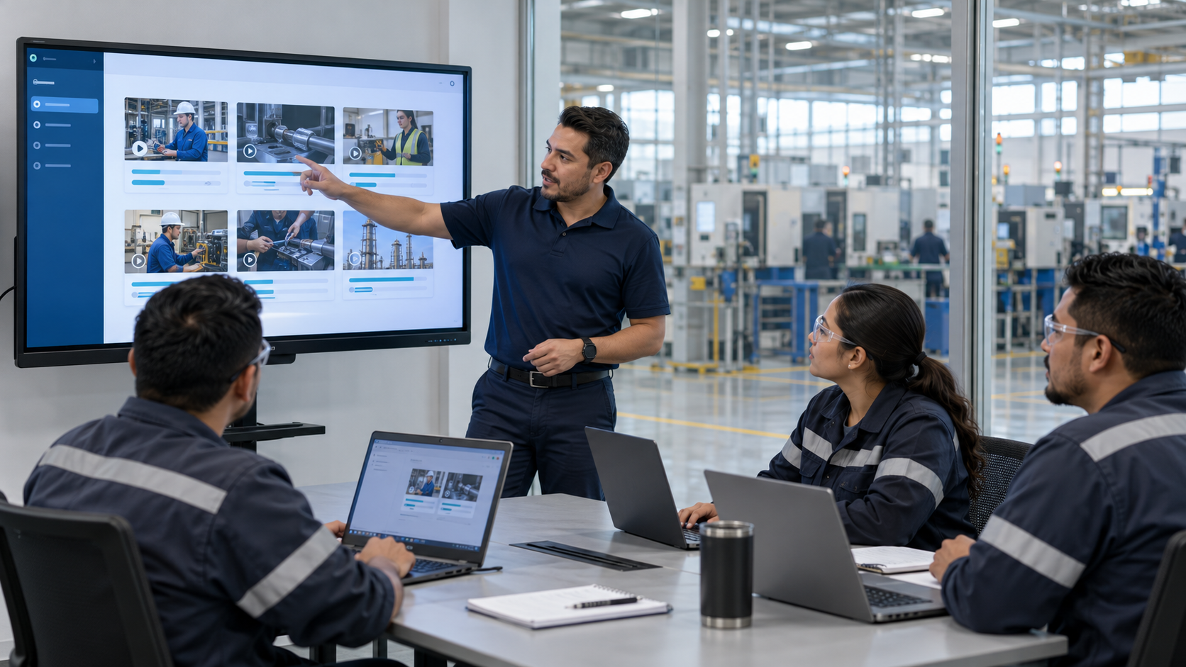 Equipo industrial consultando una plataforma digital de capacitación.