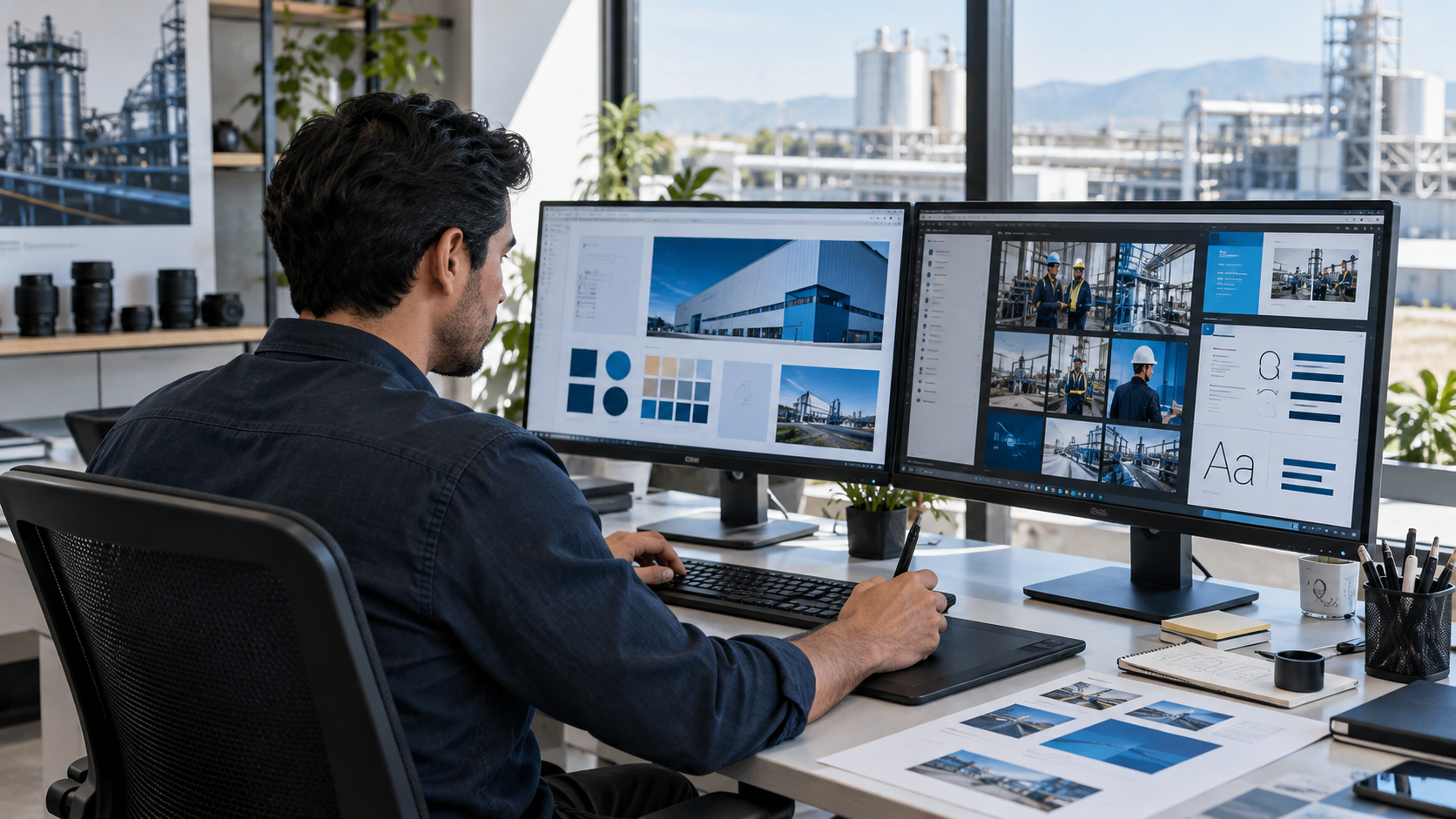 Diseñador desarrollando identidad visual y materiales digitales para una empresa industrial.