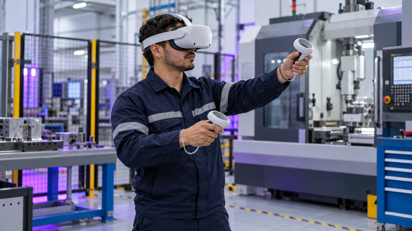 Colaborador practicando con un visor y controles de realidad virtual en un entorno industrial.
