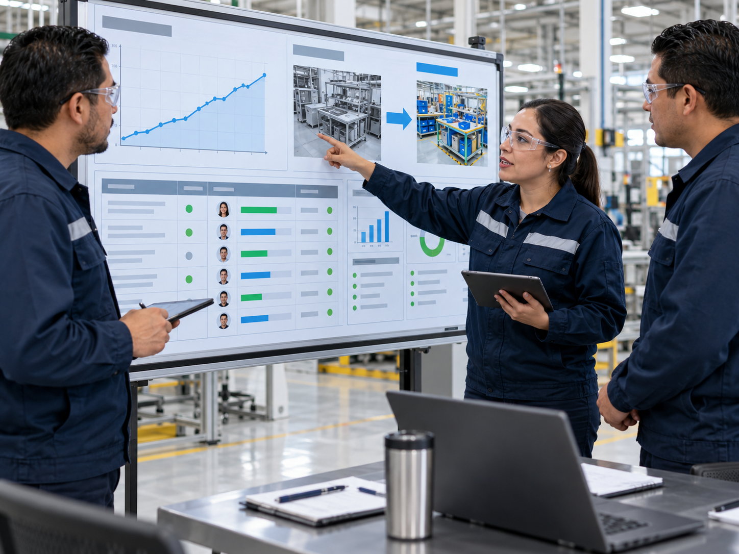 Equipo industrial revisando iniciativas Kaizen e indicadores en un tablero digital.