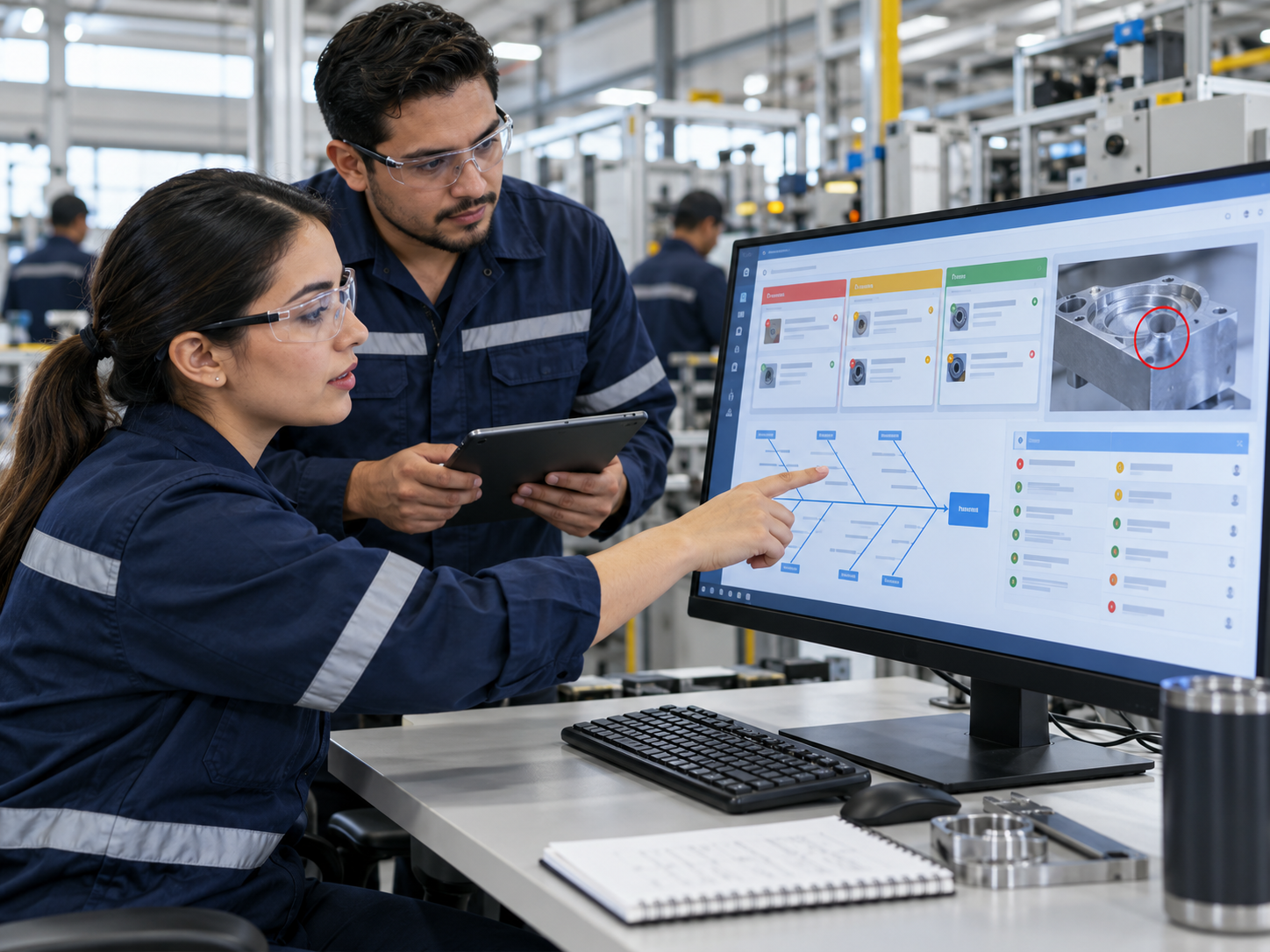 Ingenieros revisando análisis de causas y seguimiento de acciones de calidad en una pantalla.