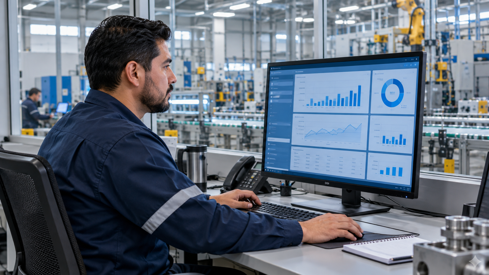 Supervisor consultando indicadores de operación en un dashboard industrial.