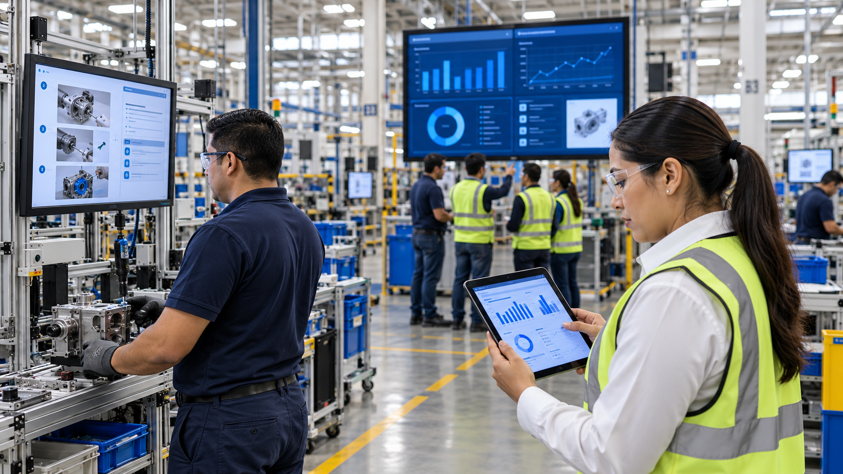 Personal industrial utilizando herramientas digitales para consultar instrucciones y datos de operación.